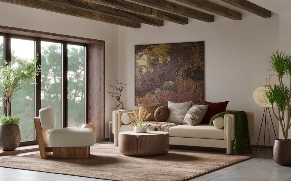 Warm and modern living room styled by Home Living Centers